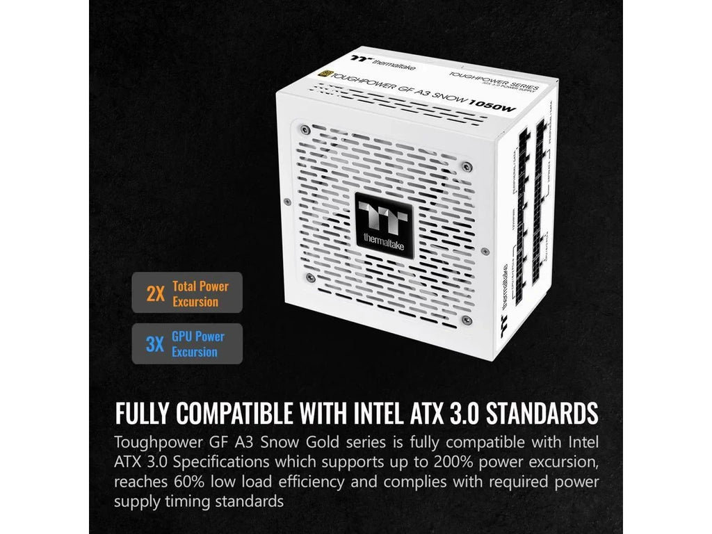 GF Toughpower 12VHPWR Ready Power Warranty Modular Gen.5 ATX Connector Year Supply; A3 PS-TPD-1050FNFAGU-N; Edition SLI/Crossfire Full 600W 10 Gold Snow 3.0 1050W Included; Thermaltake 80+ PCIe