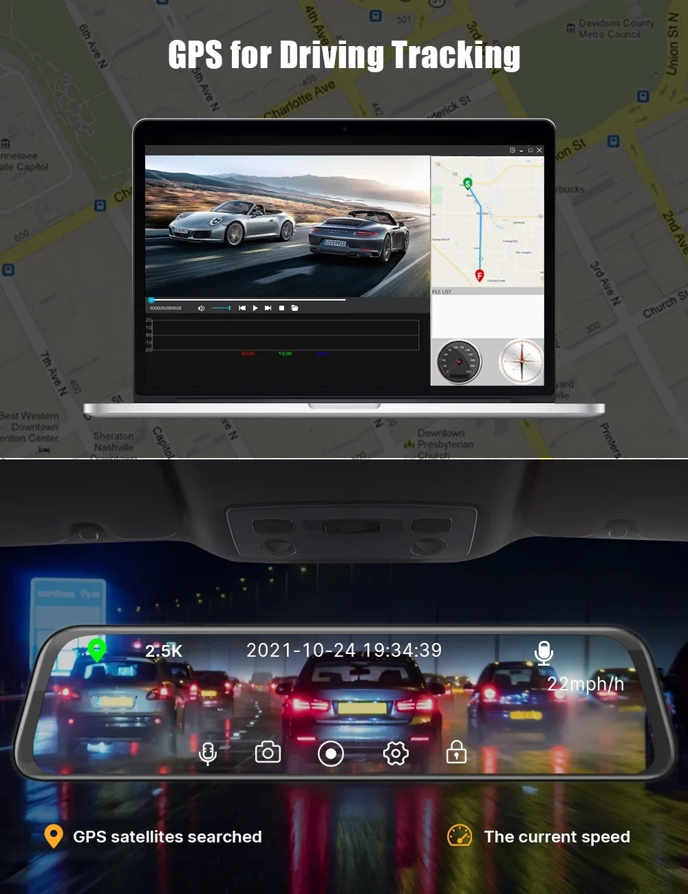 Rear Camera, Screen Dash Loop and Touch View with Mirror Dash Night Waterproof 2.5K Inch Assistance, GPS Backup Cam Camera Parking Front Cam Recording Mirror Dual Rear Vision, 12