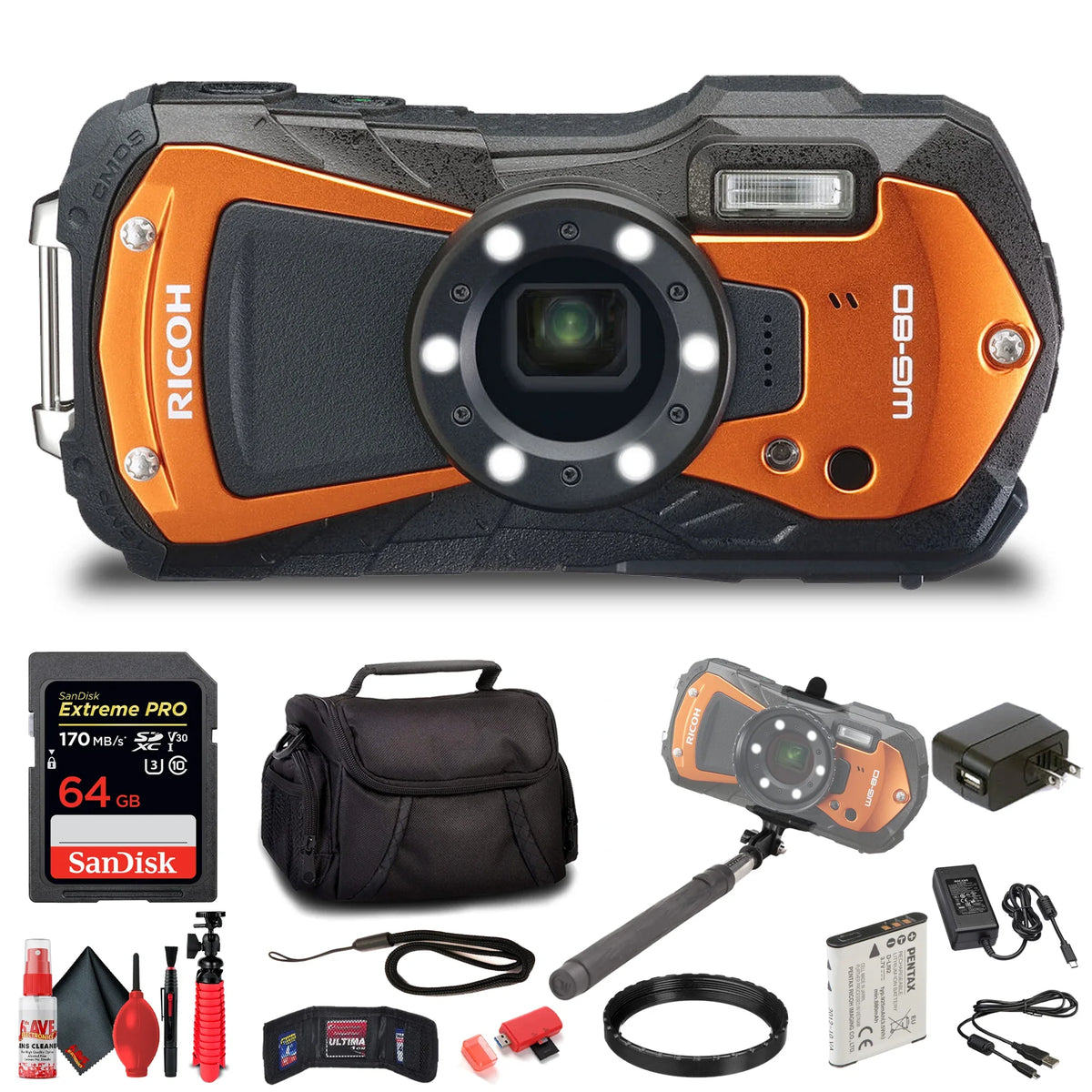 Digital Cleaning Small + + + Reader 64GB Memory Waterproof 6Ave Stick Pro Case Ricoh Card Wallet Card SD (Orange) Camera Selfie WG-80 + Extreme Memory + with Card Kit