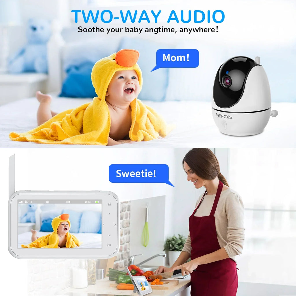 No Auto & Vision,Tem-Sensor, Screen 1080P Audio, with Monitor Night Talk, Pan&Tilt&Zoom, Camera Two-Way 4.3" Baby LCD Febfoxs Wifi