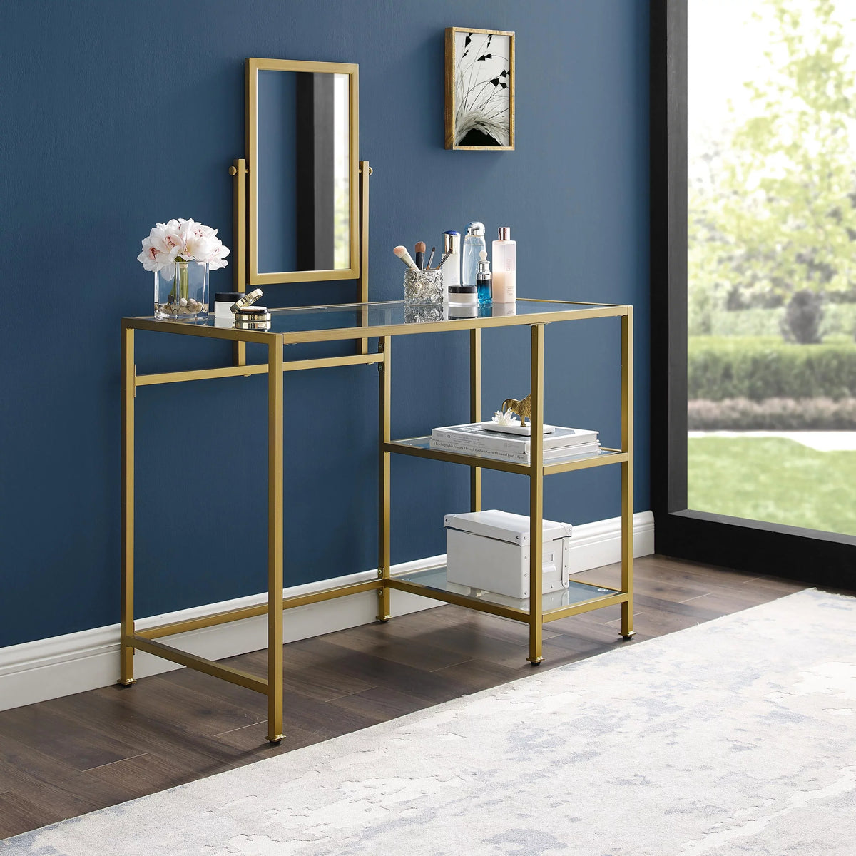 Furniture Vanity Crosley Soft 2-Piece Tempered Glass Desk/Mirror Aimee Gold in