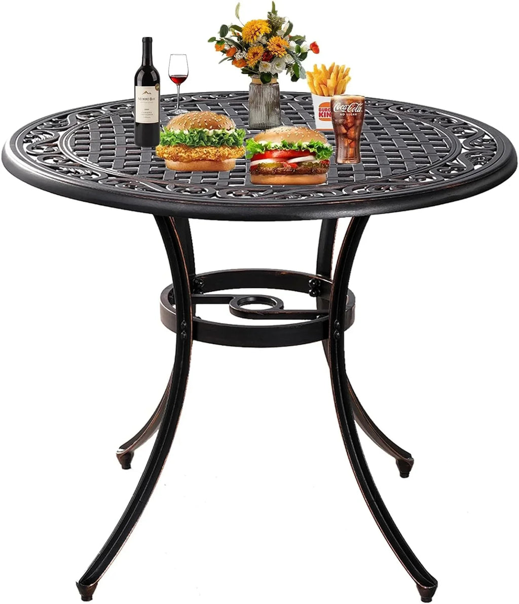 Hole,Round Dining Cast Patio Patio Table Aluminum Table, Outdoor 35.5 for Bistro with Porch Inch Table 1.97" Umbrella Patio, Dining Garden,