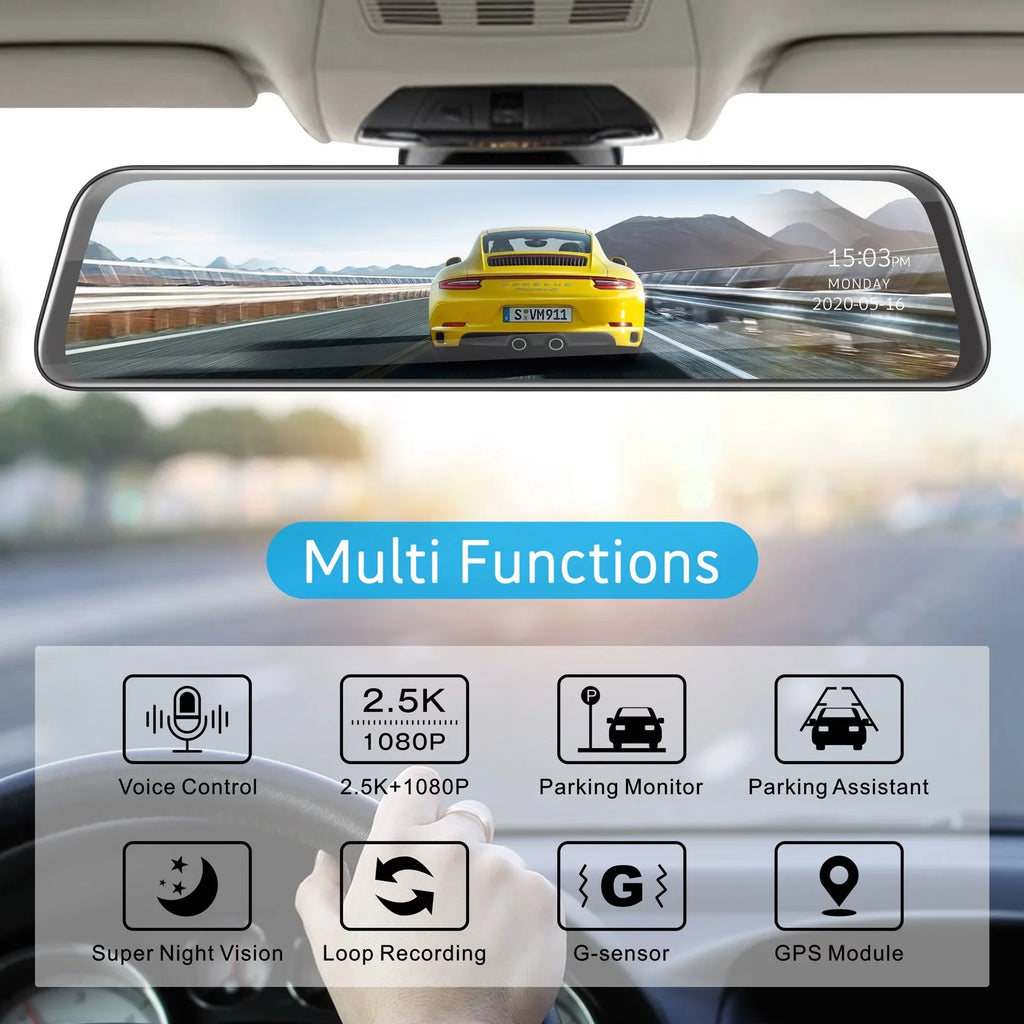 Rear Camera, Screen Dash Loop and Touch View with Mirror Dash Night Waterproof 2.5K Inch Assistance, GPS Backup Cam Camera Parking Front Cam Recording Mirror Dual Rear Vision, 12