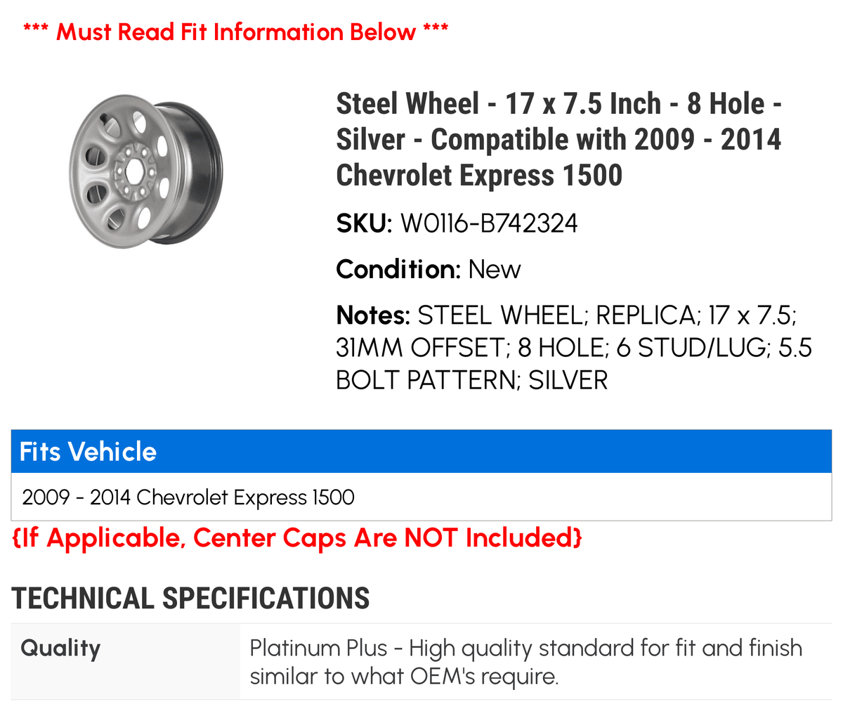 1500 2013 17 7.5 - 8 - Wheel 2010 Steel 2011 Express 2012 Chevy Compatible Hole x with Silver 2014 - Inch 2009 - -