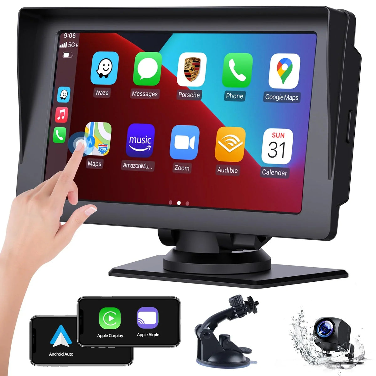 Auto,Bluetooth,FM, Touchscreen Car Camera,HD GPS Video,Car Navigation Reverse Stereo Wireless Portable Car LAMTTO Inch Audio Carplay,1080P with Receivers Siri with 7 Portable Airplay,Android