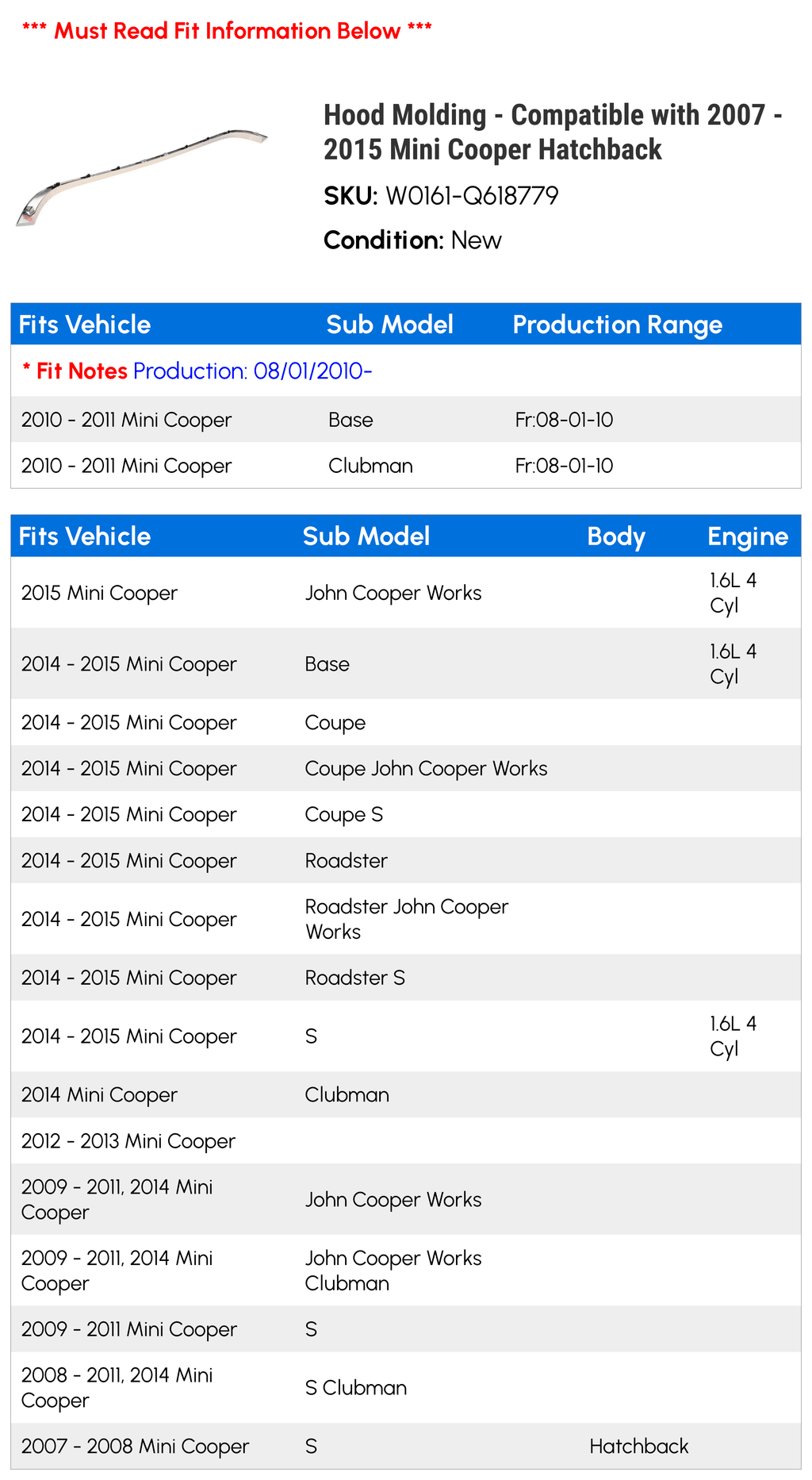 Hood Cooper 2015 with 2011 - - Compatible 2008 Molding 2007 Mini 2010 2012 Hatchback 2013 2009 2014