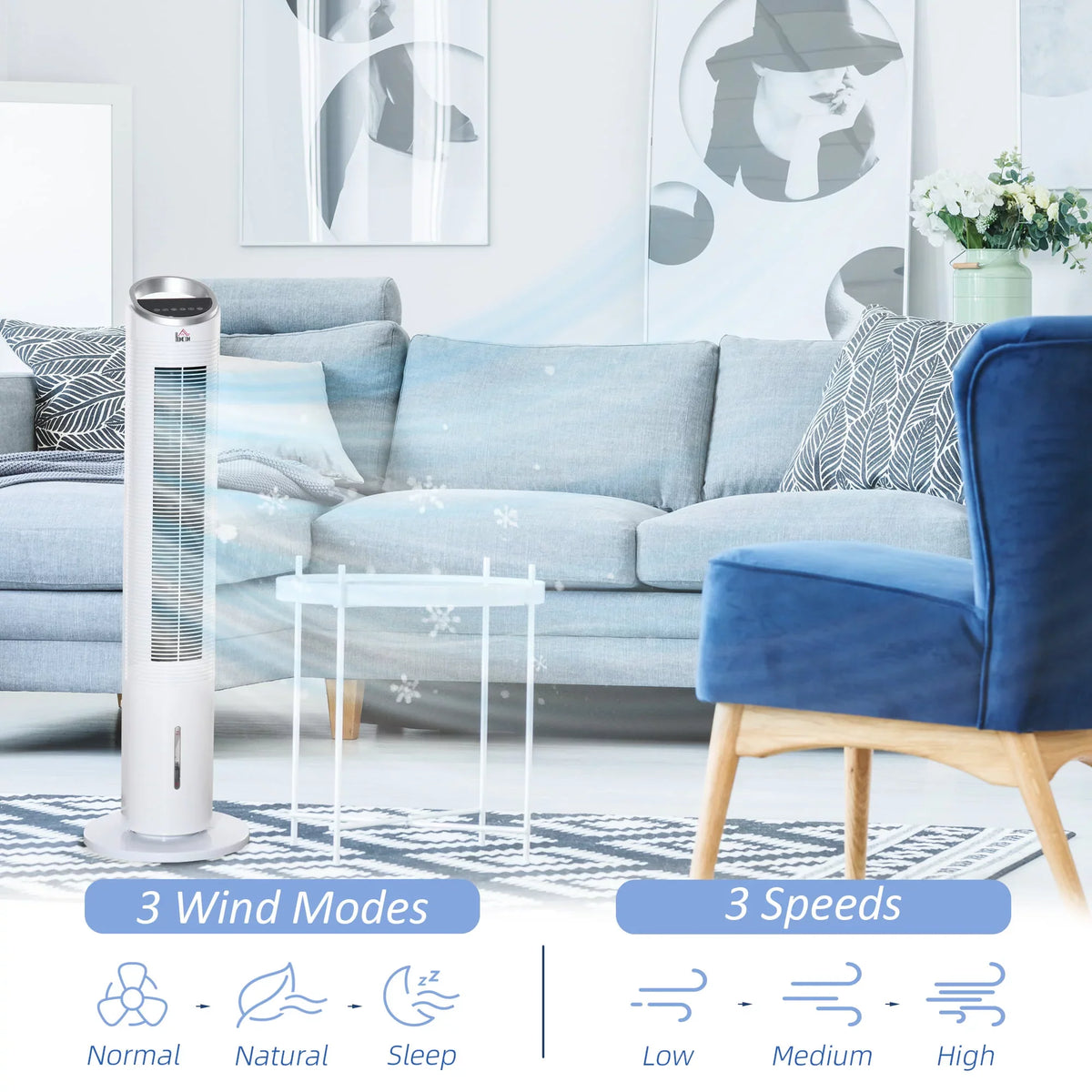 3 Humidifier, Office, Remote, Home Modes, 40" 3 Oscillating, Ice Display, White 3-In-1 Cooling Speeds, LED 8H Cooler HOMCOM Fan Air for Evaporative with Timer,