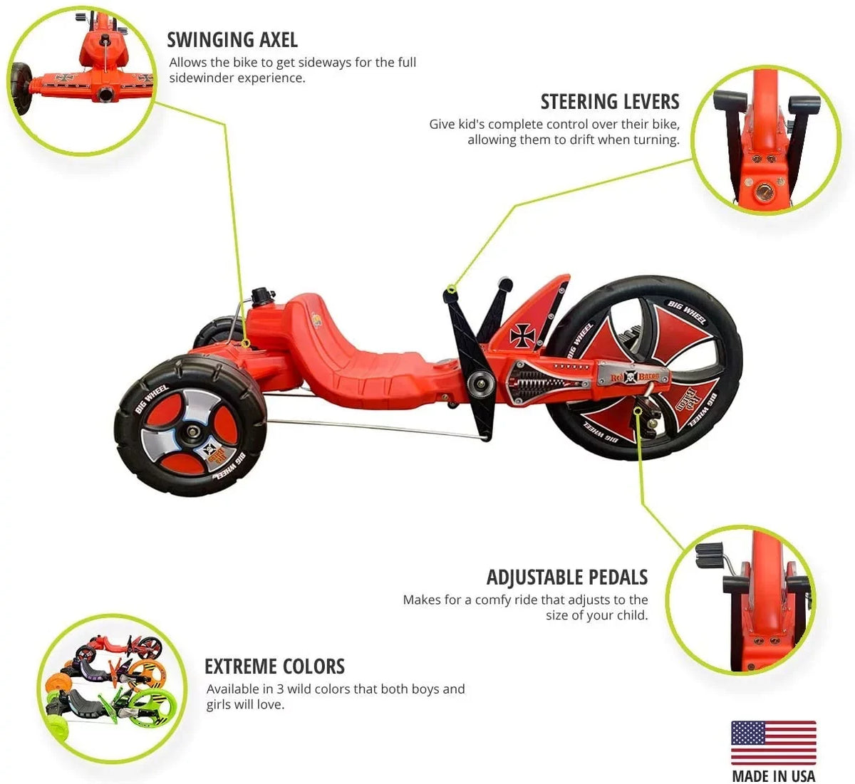 Age Original Made Sidewinder for Racer Wheel 16” USA(Red in Baron) Years Big Tricycle Boys Girls & The 5-10 - of X-TREME