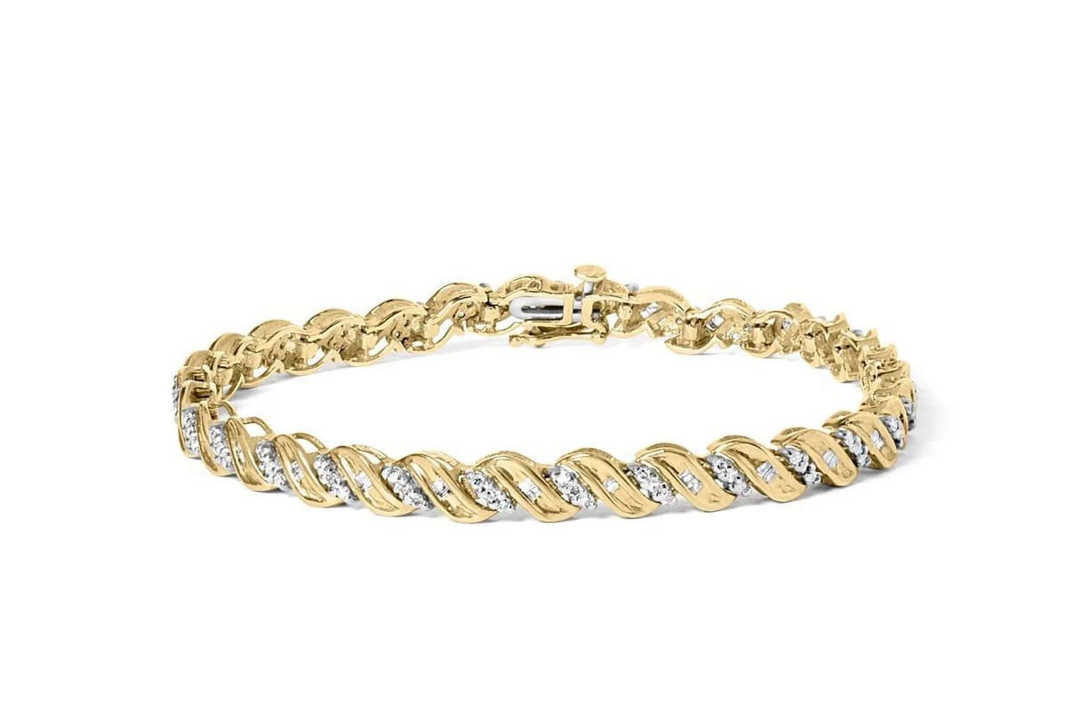 Haus Clasp Yellow 10k and Diamond of Box Womens 7.25" Round I2-I3 wristband 1.00 Cttw Clarity) (I-J Color, Cut Cut Brilliance Baguette Prong S-Link Gold