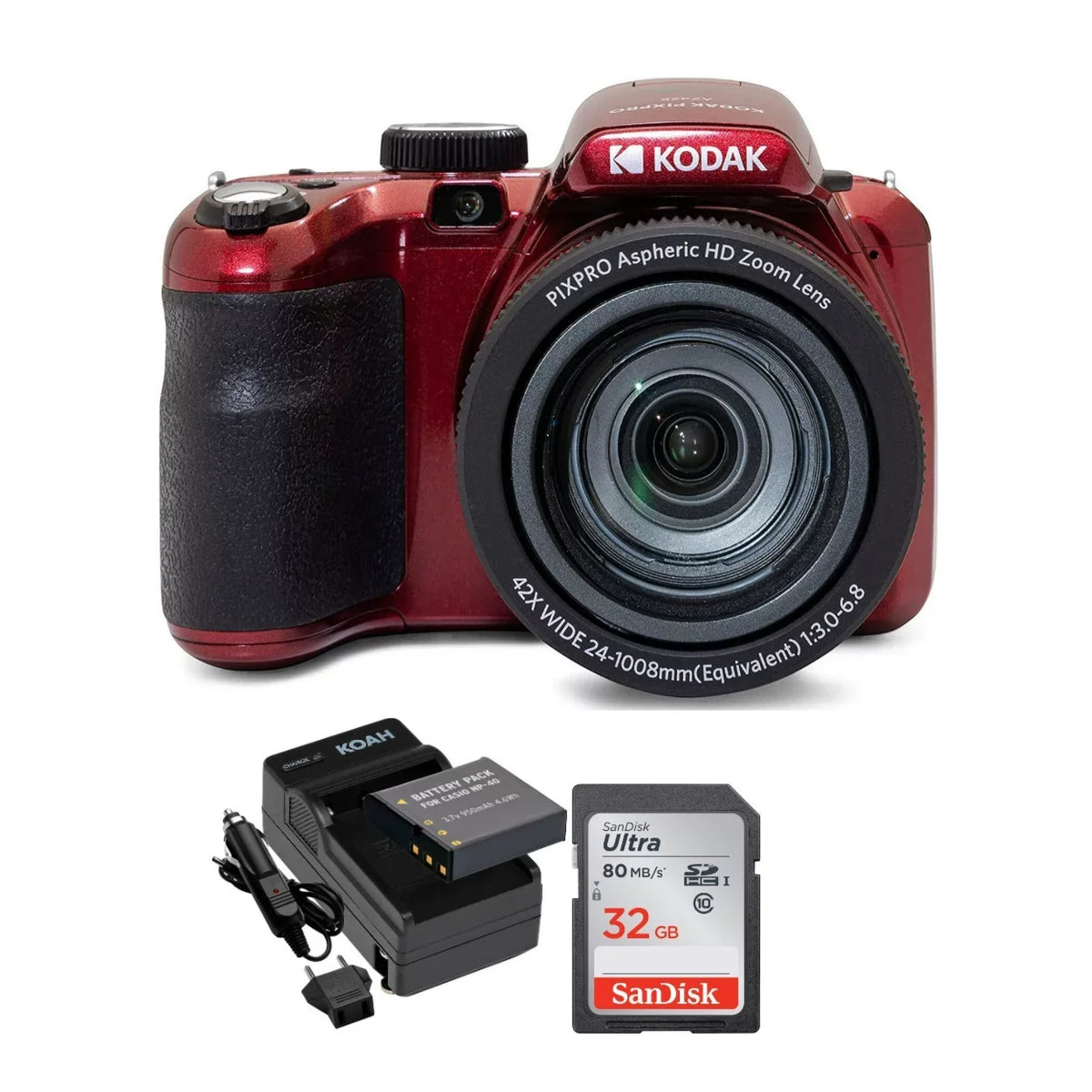 32GB PIXPRO and Zoom Battery with Camera Astro (Red) AZ425 Kodak Card