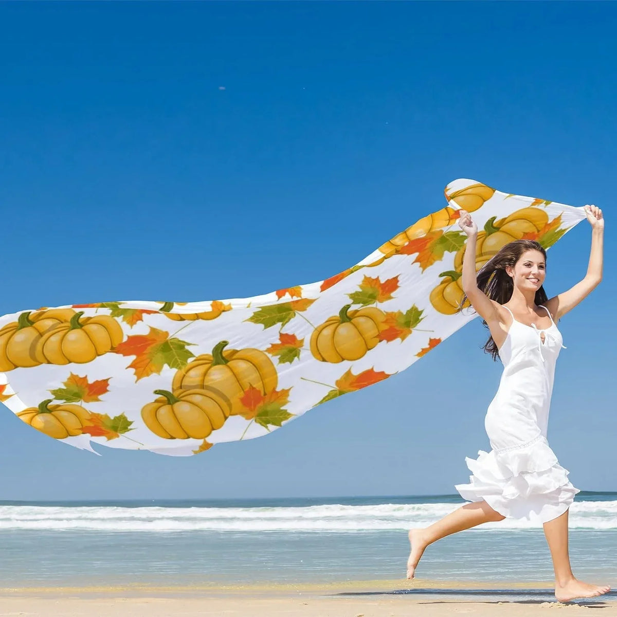 Hyjoy Long Silk Scarves Lightweight Pumpkins Shawl Maple Leaves for Girls Wrap Women Scarf Neck