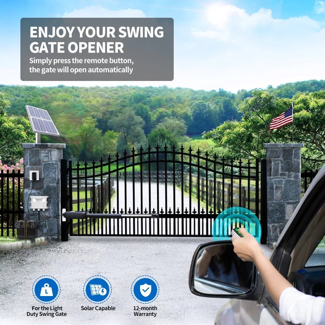 Operator TOPENS Battery Powered with Up Remote Kit for Solar Swing Control Single Gate Swing Gates Compatible Automatic Opener Gate 16ft, A5S Gate Duty Medium Motor Single to