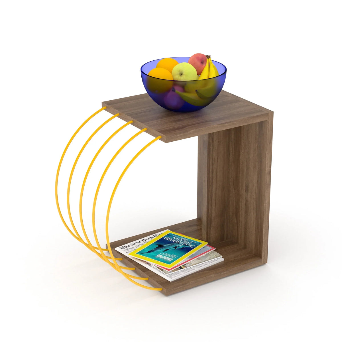 acessories side assemble, table, to with Cassi Easy metal Walnut-Yellow base Wood