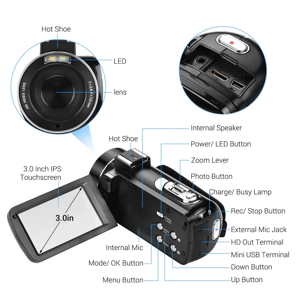 Shoe Andoer Camcorder -Shaking Digital CMOS DV IPS 3.0 Handheld for Sensor Burst Function Inch Mounting Video Hot Microphone with Professional 4K