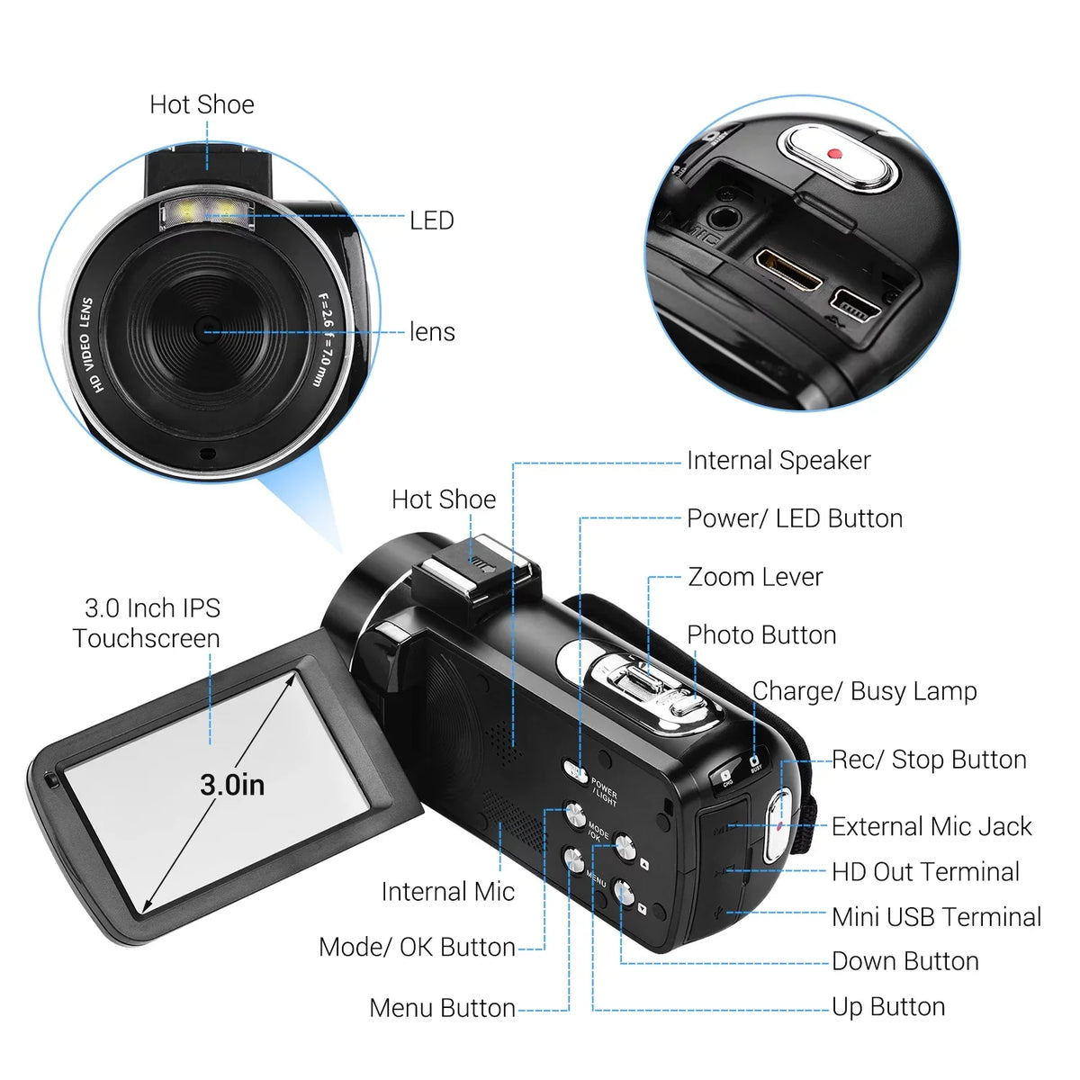Shoe Andoer Camcorder -Shaking Digital CMOS DV IPS 3.0 Handheld for Sensor Burst Function Inch Mounting Video Hot Microphone with Professional 4K