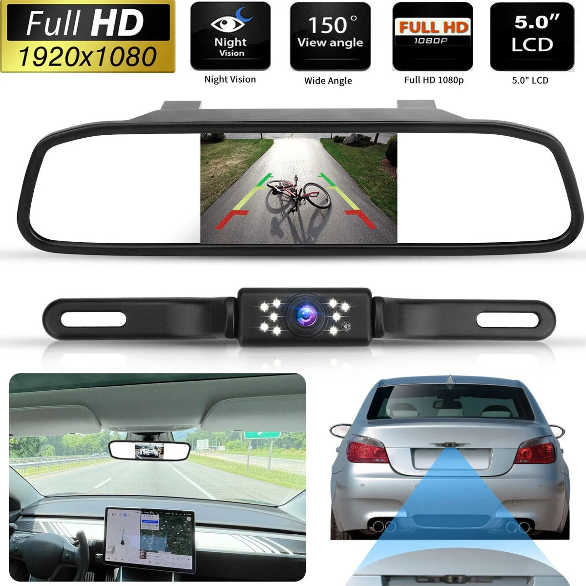 Vision + Kit Rear System Mirror Monitor View Car Camera 5" Backup Night Parking