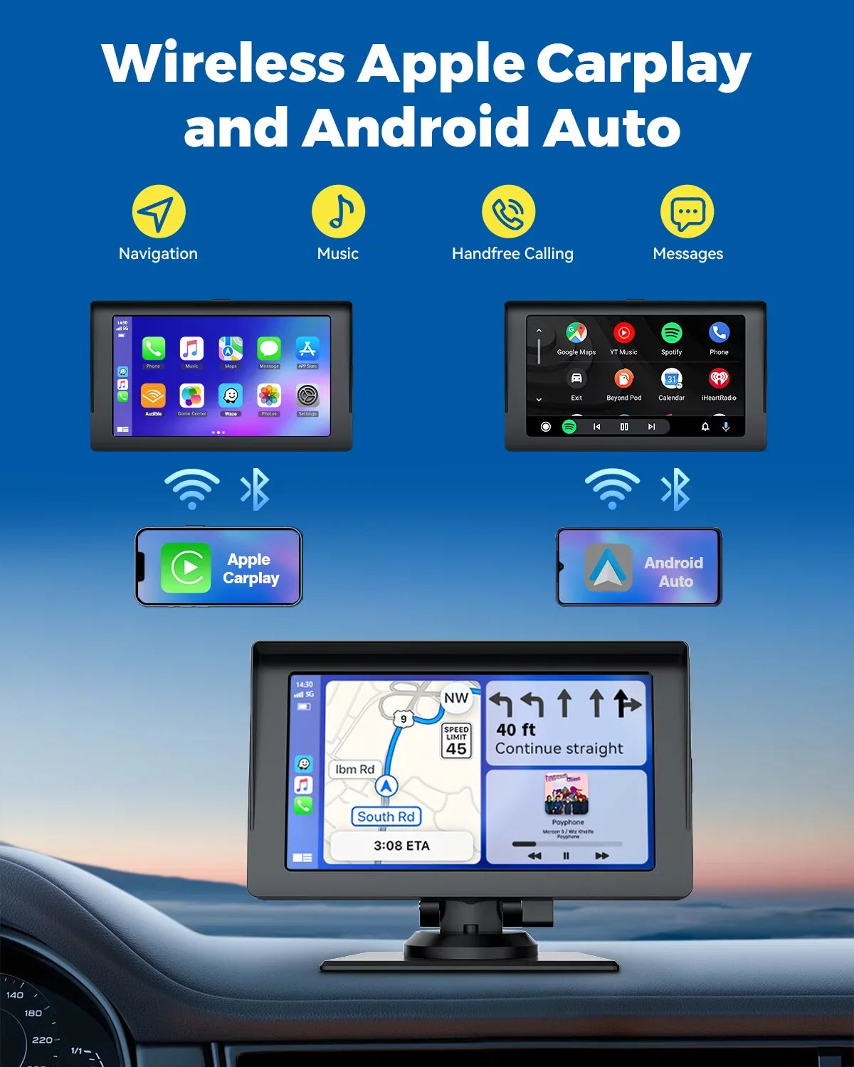 Auto,Bluetooth,FM, Touchscreen Car Camera,HD GPS Video,Car Navigation Reverse Stereo Wireless Portable Car LAMTTO Inch Audio Carplay,1080P with Receivers Siri with 7 Portable Airplay,Android