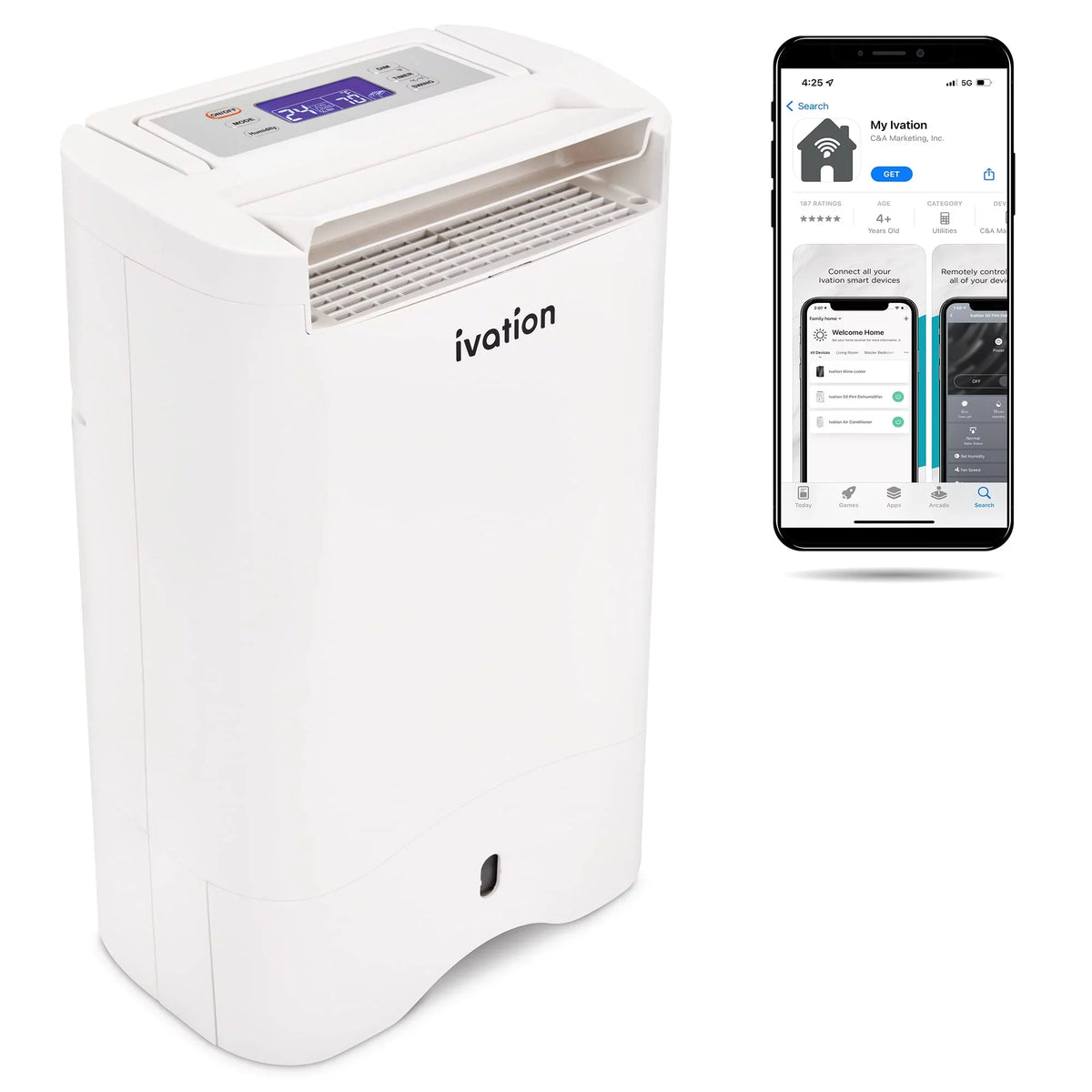 Ivation Wifi 410 Smartphone W/ & Drain Control Dehumidifier 19 Hose Sq/Ft, Pint,