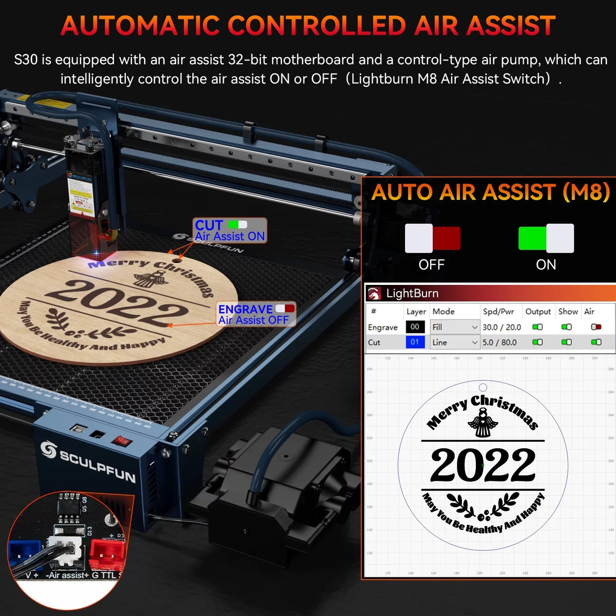 Auto Limit 5w Lens Air SCULPFUN-2 With Air-assist Nozzle 5w Pump Switchs Switchs Engraving Limit With With 410x400mm Nozzle Switchs With Air Wireless With Limit 5w Machine,Pump Area Assist S30