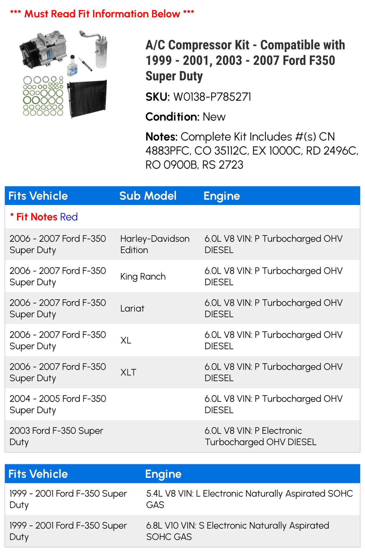 Duty Compatible 2001, - 2006 - Compressor 2000 1999 A/C - Super 2003 F350 2007 2005 2004 Kit with