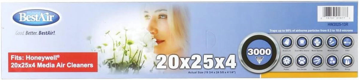 Air x x Models, of AC BestAir & For 3 13, 25" 4", Pack HW2025-13R 100%, Allergens Honeywell MERV Furnace Fits Filter, 20" Contaminants, Removes