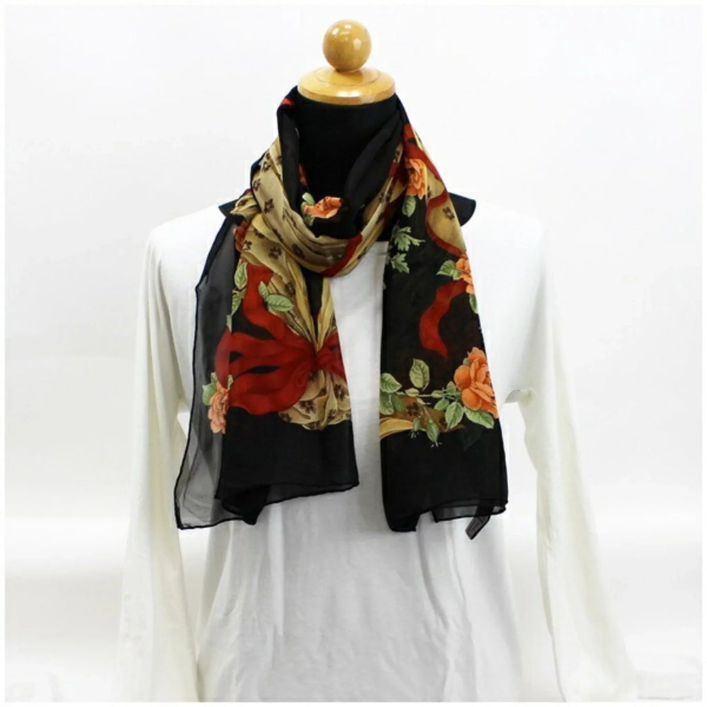 ladies scarf (Like ribbon black Salvatore FERRAGAMO Ferragamo stole paper silk pattern New) Pre-Owned rectangle SALVATORE muffler