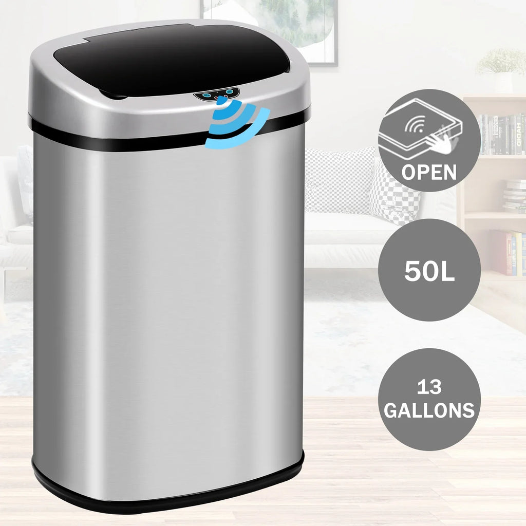 Gallon Mute with Automatic Can Touch-Free for Garbage Designed Waste NiamVelo with Kitchen Motion Stainless Anti-Fingerprint Silver Sensor, Can Home, Lid, & Bin Office Steel Trash 13