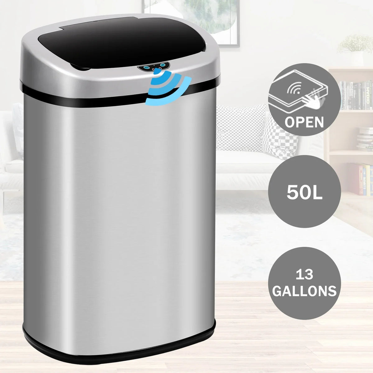 Gallon Mute with Automatic Can Touch-Free for Garbage Designed Waste NiamVelo with Kitchen Motion Stainless Anti-Fingerprint Silver Sensor, Can Home, Lid, & Bin Office Steel Trash 13
