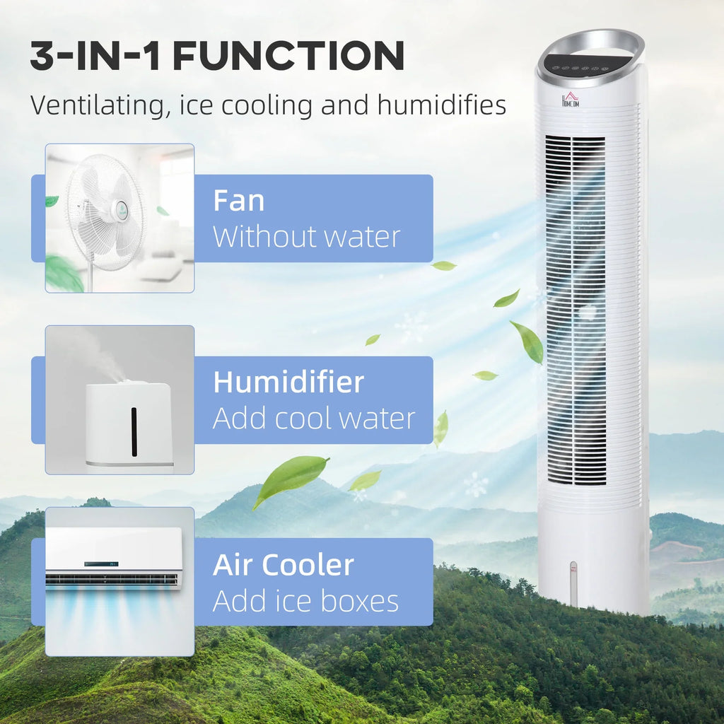 3 Humidifier, Office, Remote, Home Modes, 40" 3 Oscillating, Ice Display, White 3-In-1 Cooling Speeds, LED 8H Cooler HOMCOM Fan Air for Evaporative with Timer,