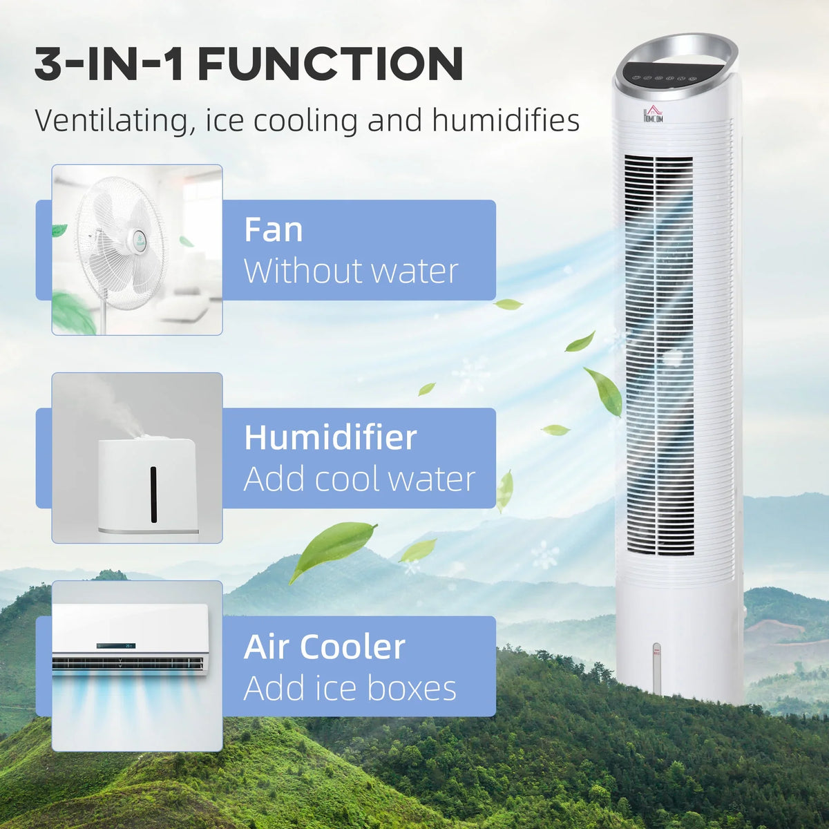 3 Humidifier, Office, Remote, Home Modes, 40" 3 Oscillating, Ice Display, White 3-In-1 Cooling Speeds, LED 8H Cooler HOMCOM Fan Air for Evaporative with Timer,