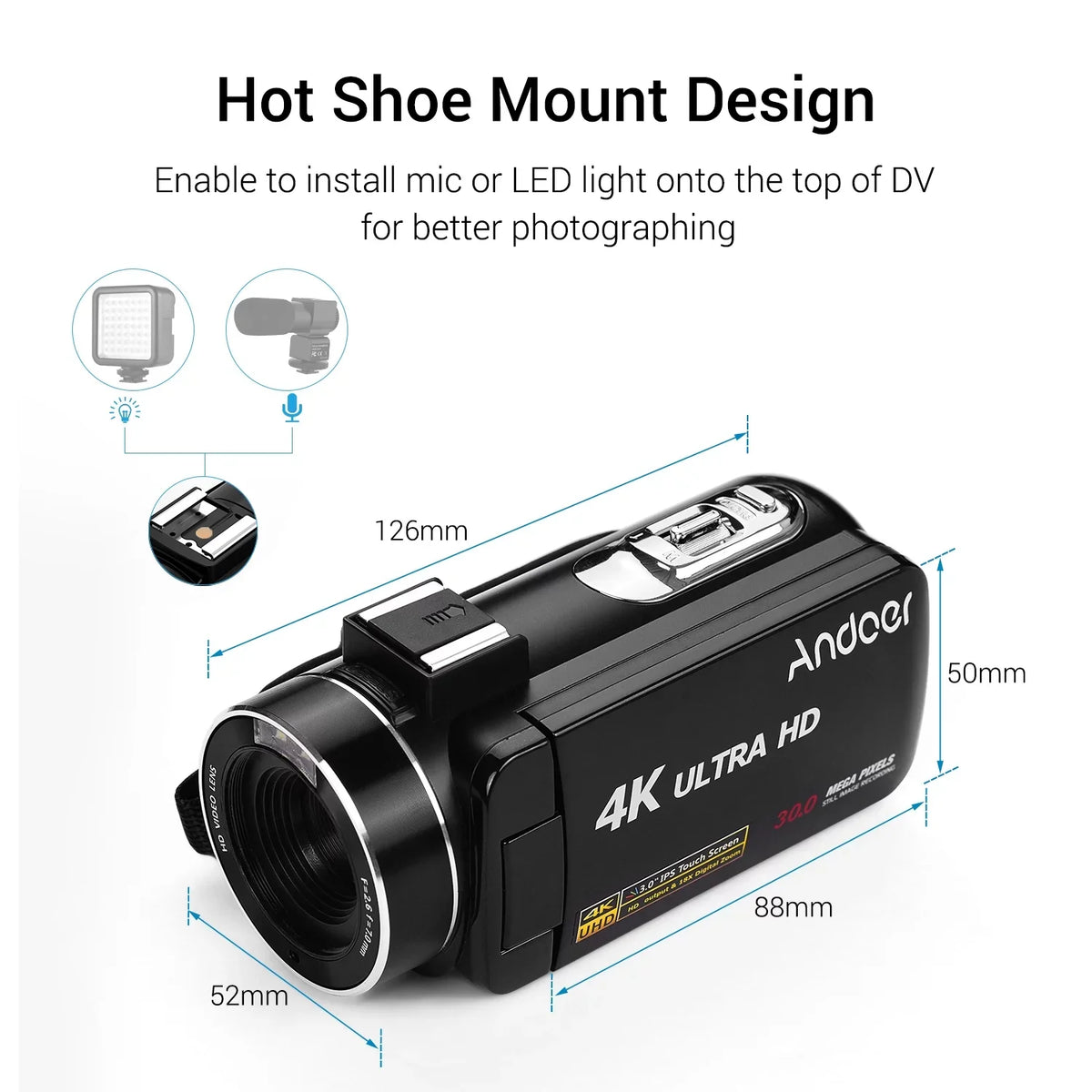 Shoe Andoer Camcorder -Shaking Digital CMOS DV IPS 3.0 Handheld for Sensor Burst Function Inch Mounting Video Hot Microphone with Professional 4K