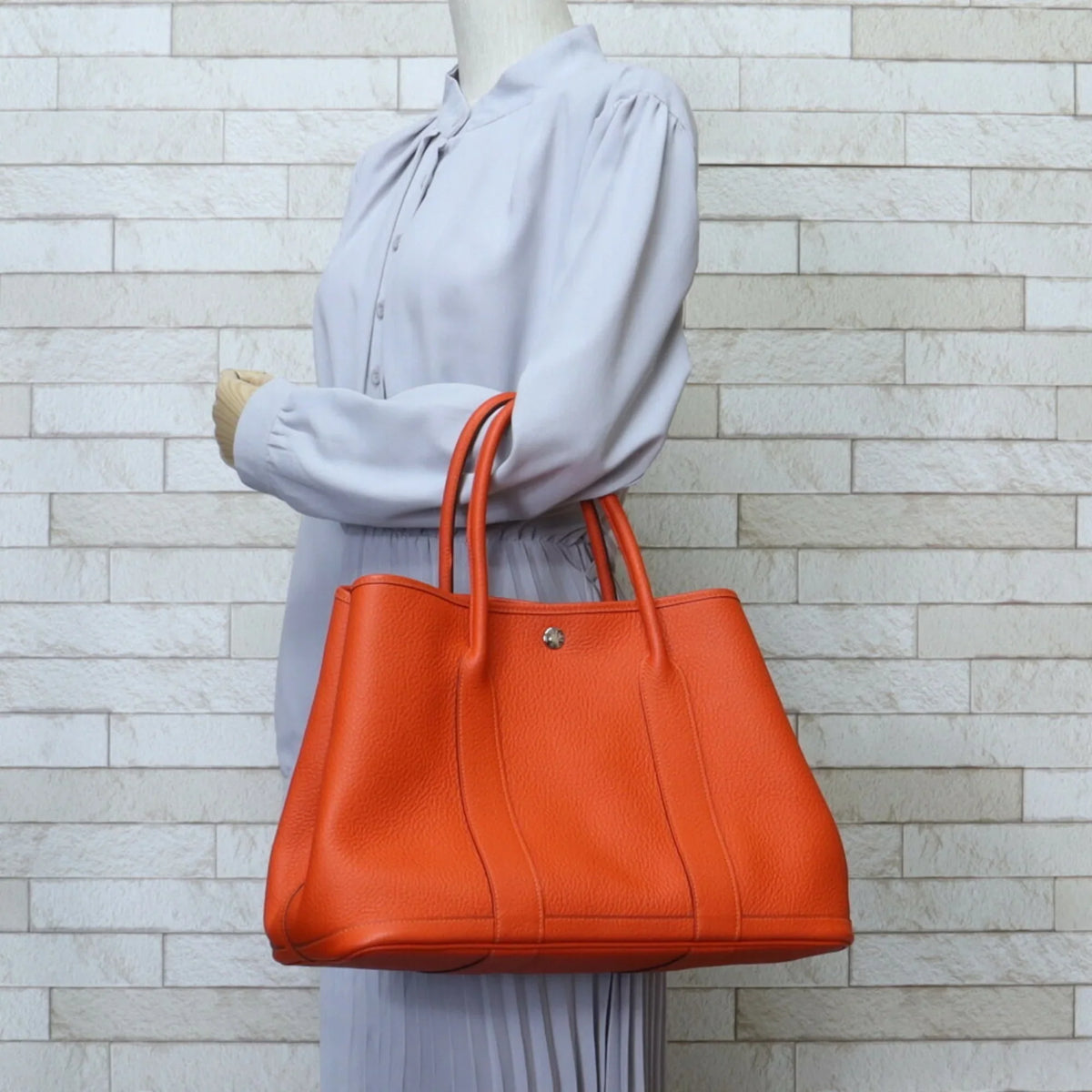 PM Hermes Bag Ladies HERMES Leather Garden Tote (Good) Orange Pre-Owned
