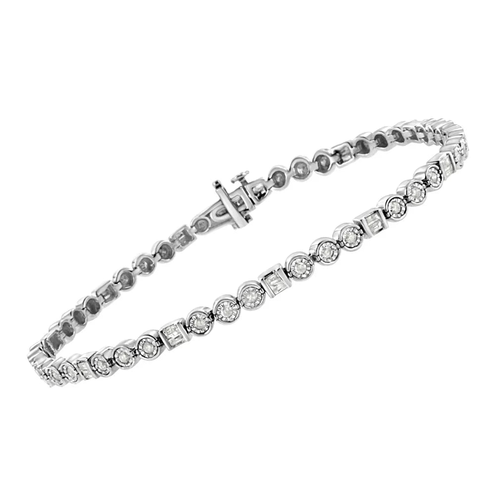 Set - Cttw I3 Color, 1.0 Alternating Round Diamond Miracle 7.25" and Set Link Silver Channel Baguette Clarity) Sterling (I-J wristband .925