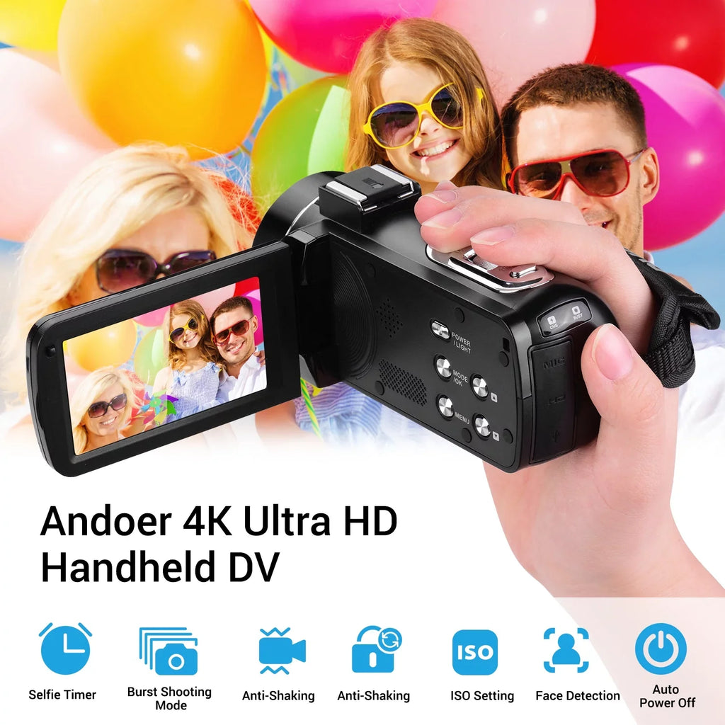 Shoe Andoer Camcorder -Shaking Digital CMOS DV IPS 3.0 Handheld for Sensor Burst Function Inch Mounting Video Hot Microphone with Professional 4K