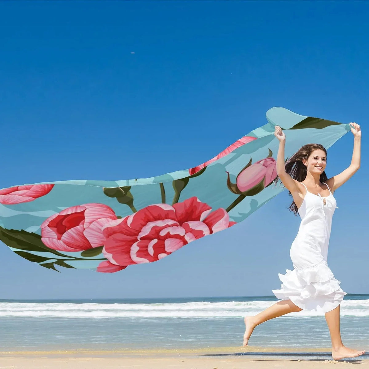 Girls for Wrap Neck Women Shawl Long Silk Roses Hyjoy Scarves Peony Scarf Lightweight And