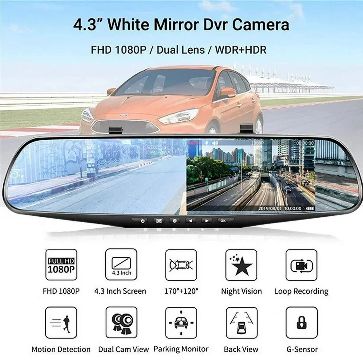1080P Mirror Car Front Vision,Parking Dual Car 4.3" for DVR Angle Detection,G-sensor Lens Rearview Pack Monitor, Cam Camera Night Cars 1 Dash Cam Rear Monitor,Motion Trucks,170°Wide