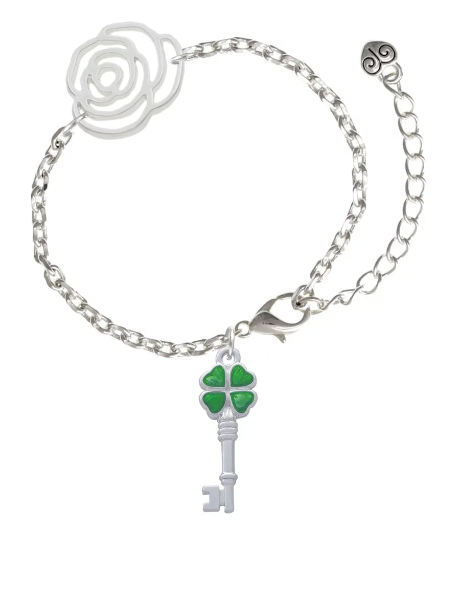 Silvertone Flower Chain Clover Extender 6.75"+2" Jewelry Link Translucent Green Delight wristband, Leaf Key Four Silver-tone Lucky