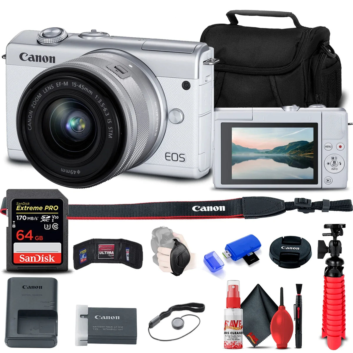 Mirrorless Canon + Card + + Memory Lens + Keeper Memory with Reader + 15-45mm EOS Tripod Flex + (3700C009) Hand Camera M200 Cap + + Kit 64GB Wallet Card Strap (White) Case Cleaning