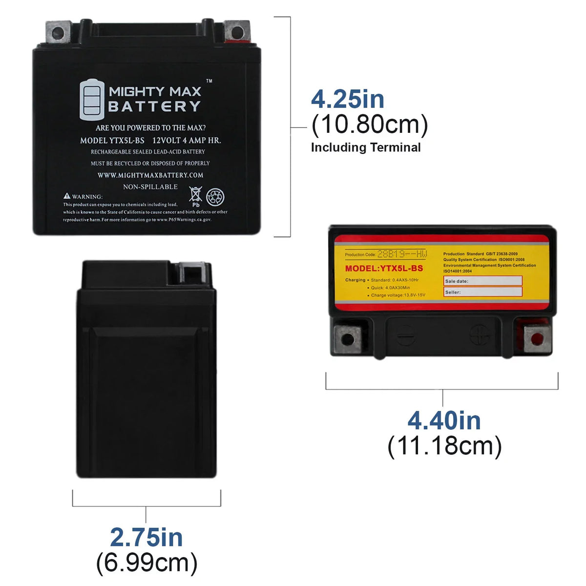 YTX5L-BS 12V Pack 2000 Kymco - 9 3 50 Battery - Super Replaces 4AH