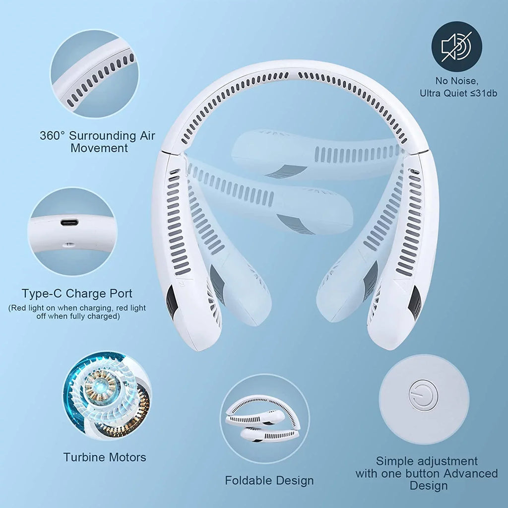 for Fan Outdoor Degrees Neck 360 Fan Fan, Fan Hands 5000 Personal USB Rechargeable Speeds, Fan Portable Wearable Free Airflow Bladeless Morttic Travel 3 Sport mAh Cooler Foldable (White) Perfect