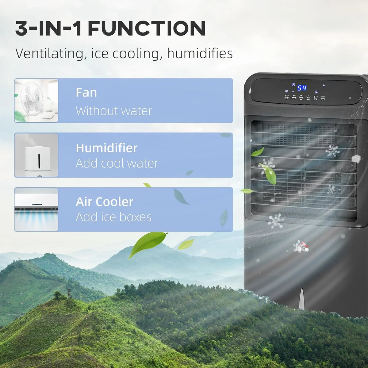 Unit Conditioner with 3-In-1 Home Air Tank Cooling for Ice Office, Oscillating, HOMCOM 32" Timer, Black Cooler, Display, Evaporative Mobile Water Water Bedroom, LED 3.2gal Humidifier Fan Remote,