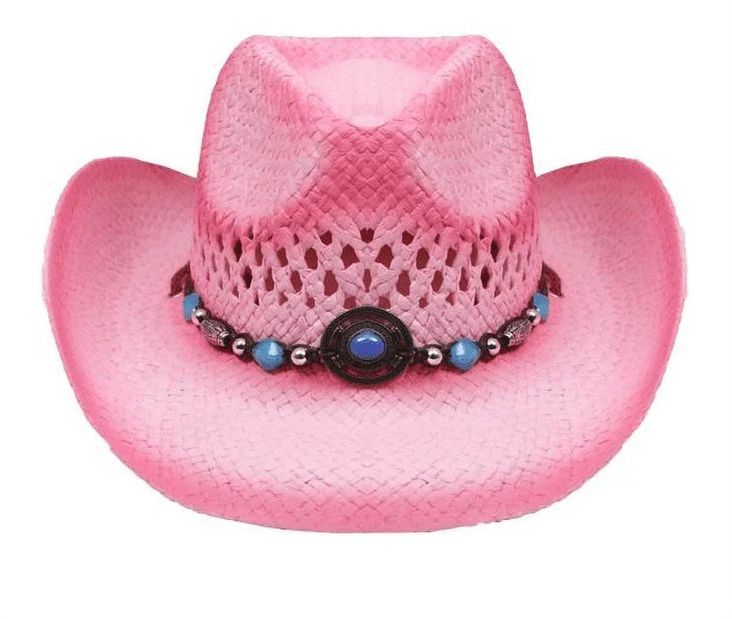 size COWBOY WOMEN WESTERN Cowgirl Turquoise Adult w/ PINK Straw Stain Blue Tea HAT Beads