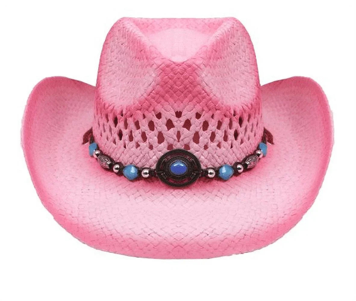 size COWBOY WOMEN WESTERN Cowgirl Turquoise Adult w/ PINK Straw Stain Blue Tea HAT Beads