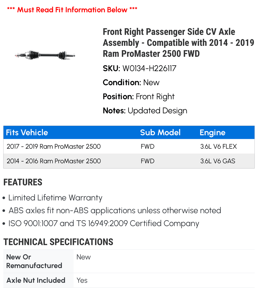 2020 2015 2016 FWD 2500 Compatible Passenger - with 2019 Axle - ProMaster CV 2018 Right 2017 Front 2014 2021 Side Assembly Ram
