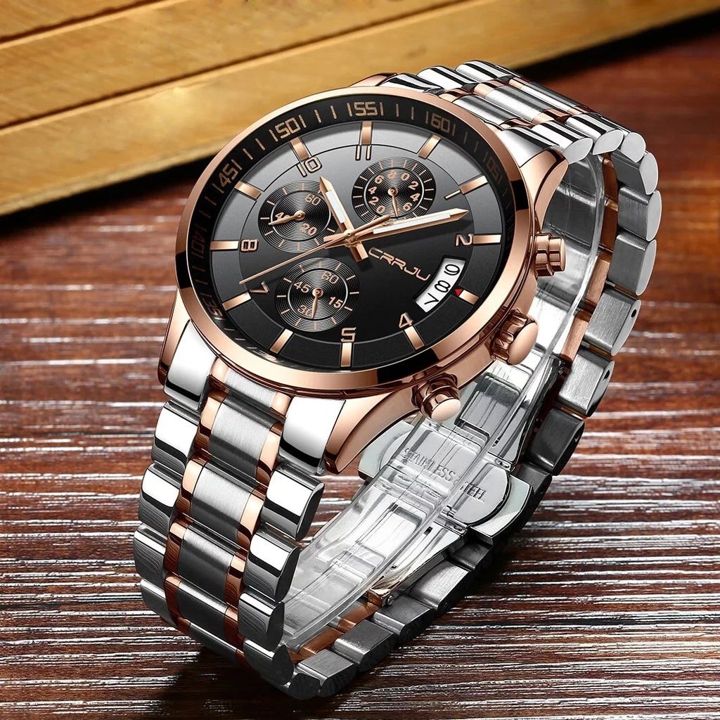 Stainless Luxury Steel Fashion Watch CRRJU relogio masculino Business Men Watch for Mens Quartz Waterproof Chronograph Watches