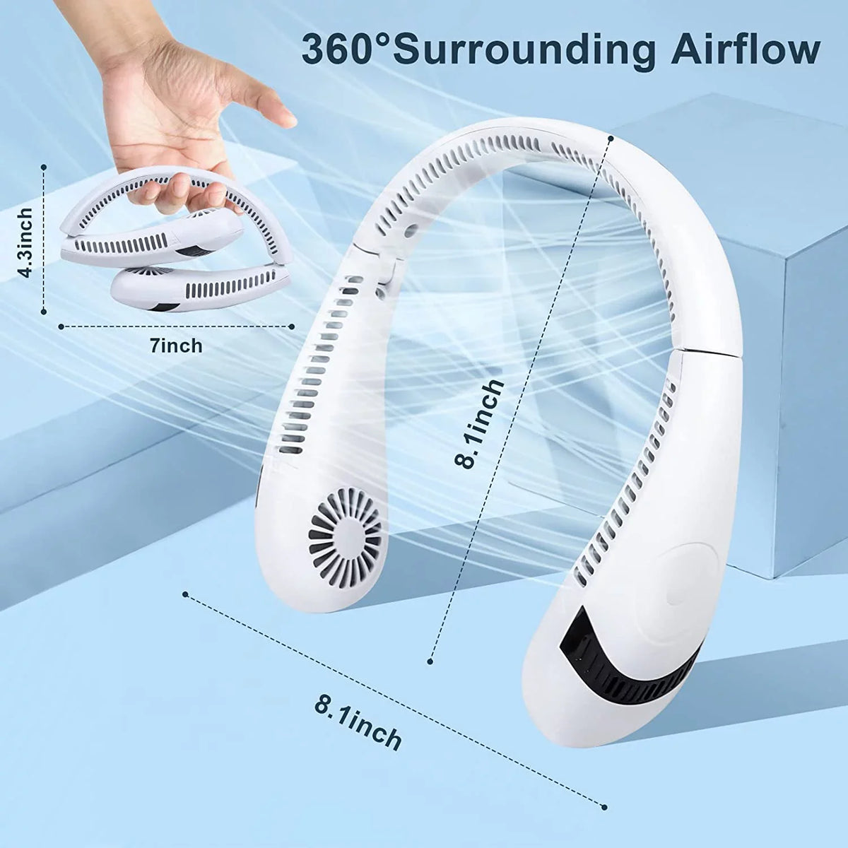 for Fan Outdoor Degrees Neck 360 Fan Fan, Fan Hands 5000 Personal USB Rechargeable Speeds, Fan Portable Wearable Free Airflow Bladeless Morttic Travel 3 Sport mAh Cooler Foldable (White) Perfect
