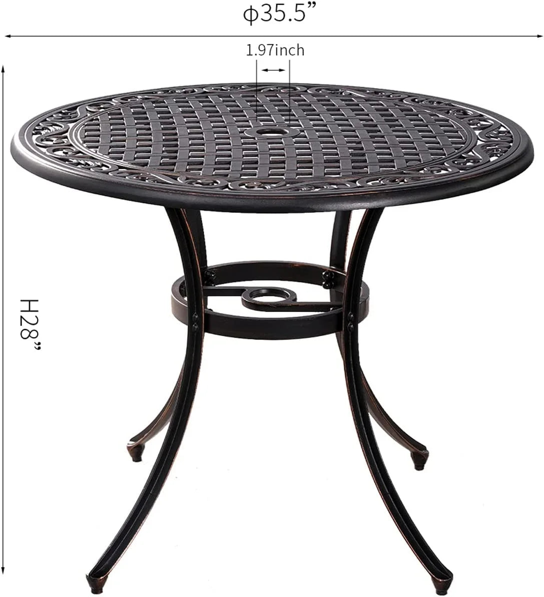 Hole,Round Dining Cast Patio Patio Table Aluminum Table, Outdoor 35.5 for Bistro with Porch Inch Table 1.97" Umbrella Patio, Dining Garden,