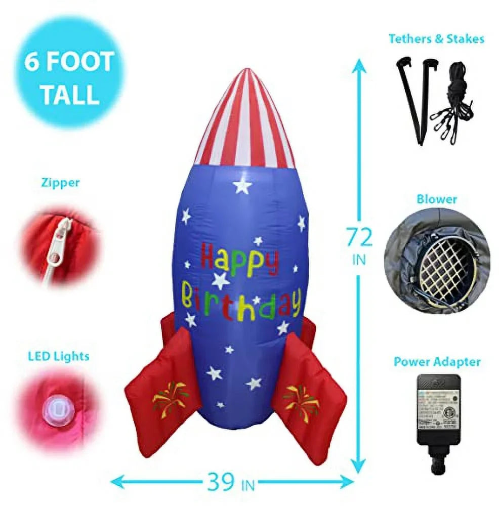 Lighted Birthday Blowup Party Happy Indoor 6 LED Decoration Inflatables Rocketship Family Pre-Lit standard for USA Home Garden Lights Design Yard Prop Tall Stars Foot Outdoor Inflatable Blossom