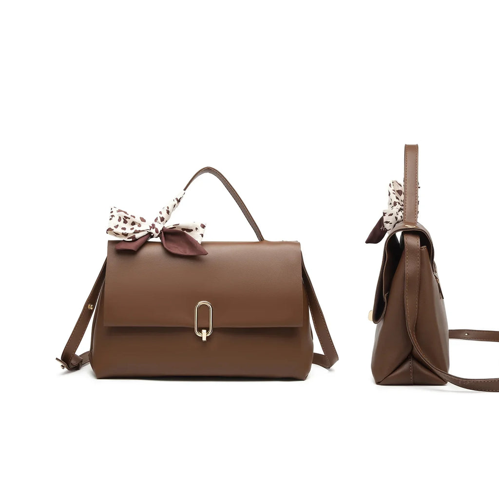 bag Scarf Brown Leather women handbags crossbody hand Flap Women's bags square PU Silk Shoulder Handle Bag bags ladies
