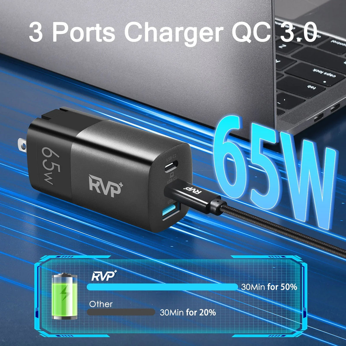 Tablets, 65W Adapter, Smartphones, Charger, iPhone, C Laptops Black A (GaN) RVP+ Fast Foldable Power and - 3-Port USB Tech USB Charger, for Wall Charger